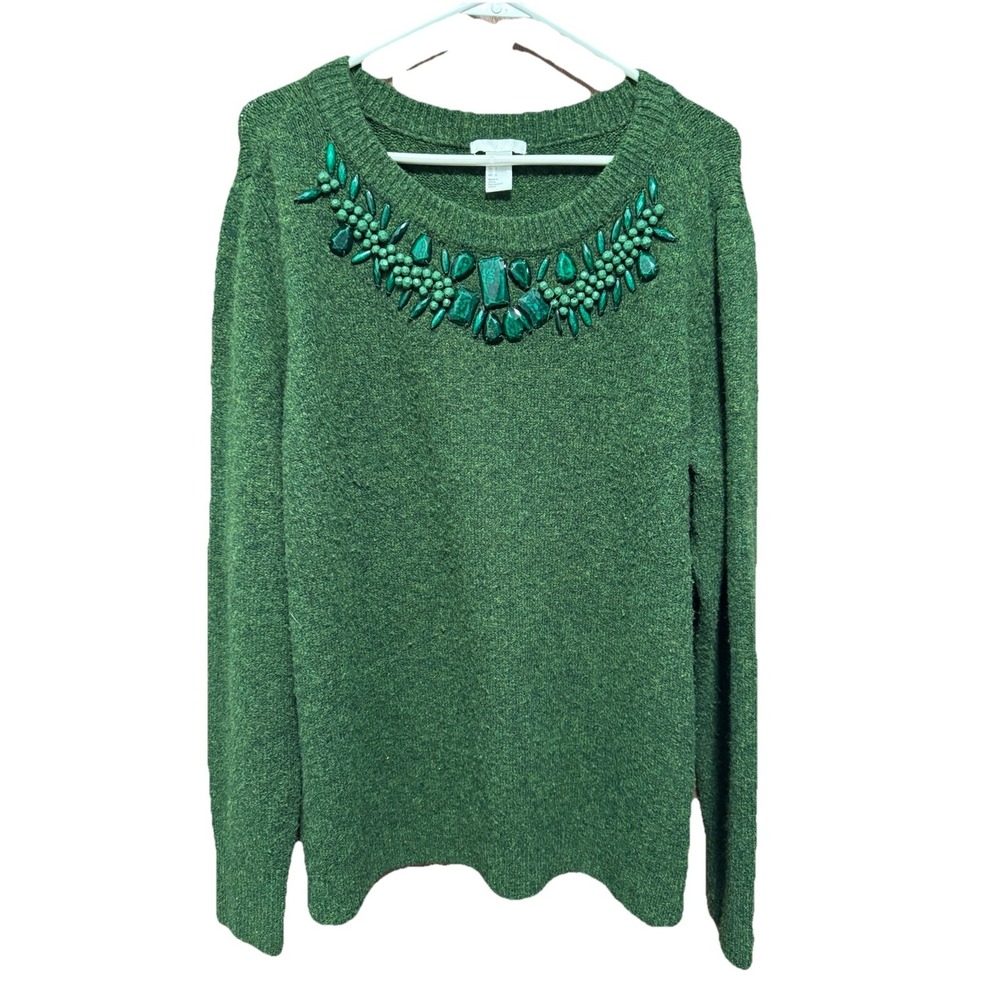 H&M‎ Green Embellished Sweater Jewel Neck Long Sleeve Knit Top Size Large